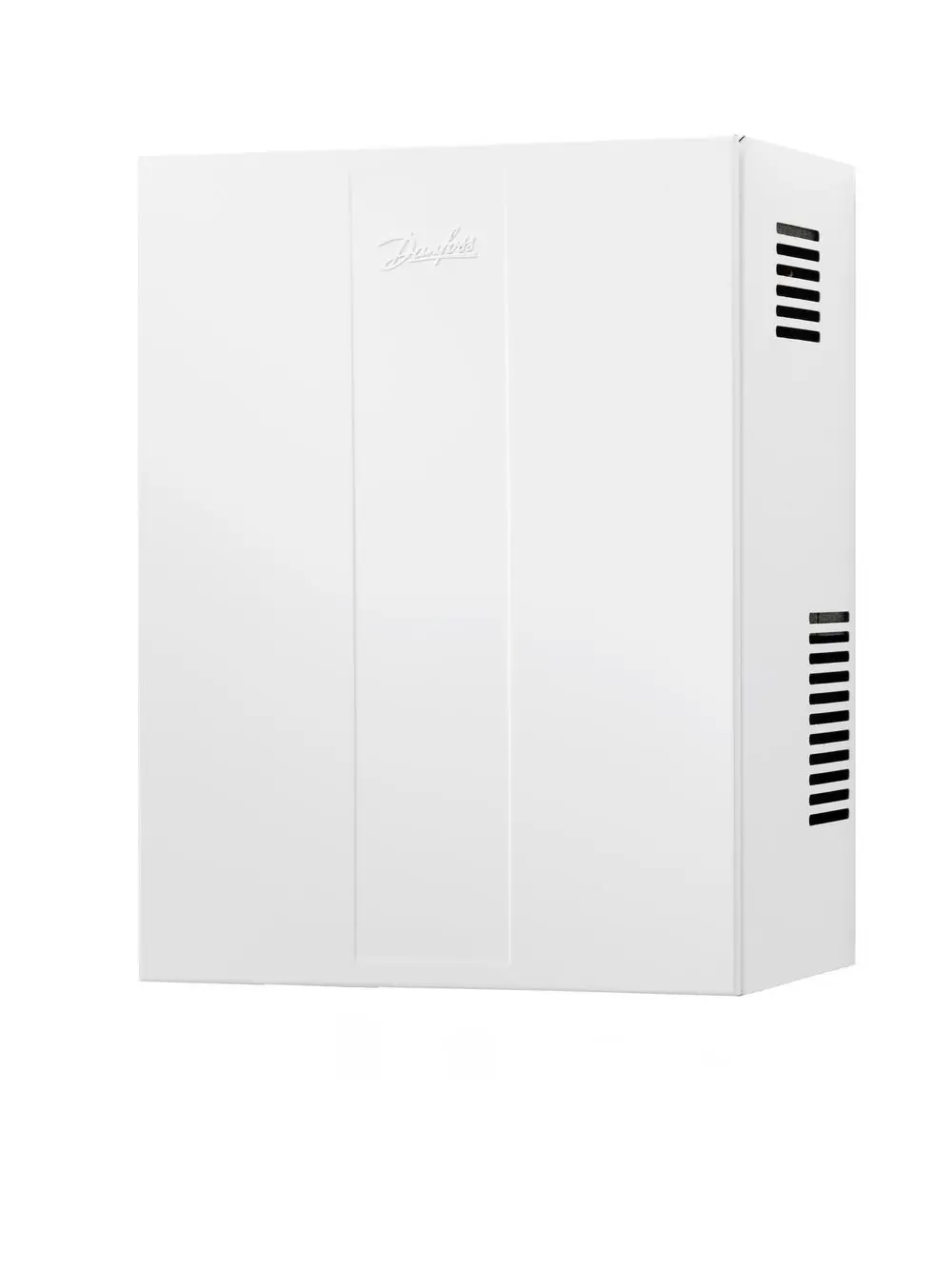 Weiß lackierte Abdeckhaube von Danfoss, rechteckige Form mit Belüftungsschlitzen an der Seite, montierbar an Wänden oder Geräten.